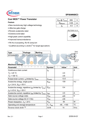 SPS04N60C3 datasheet - Cool MOS Power Transistor