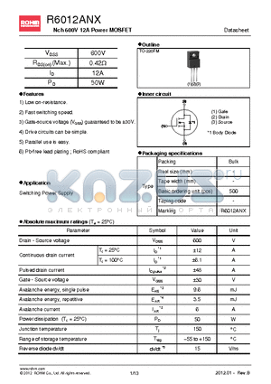 R6012ANX datasheet - Nch 600V 12A Power MOSFET