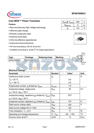 SPS01N60C3_08 datasheet - Cool MOS Power Transistor