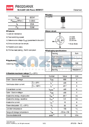 R6020ANX_12 datasheet - Nch 600V 20A Power MOSFET