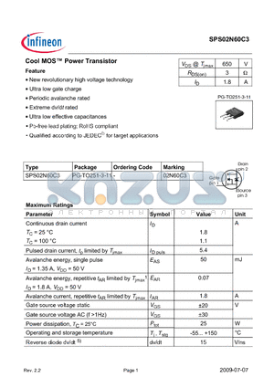 SPS02N60C3 datasheet - Cool MOS Power Transistor Feature new revolutionary high voltage technology