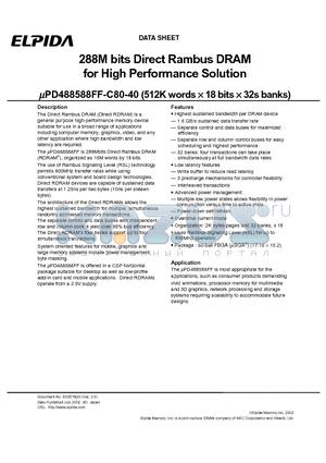 PD488588FF-C80-40-DH1 datasheet - 288M bits Direct Rambus DRAM for High Performance Solution