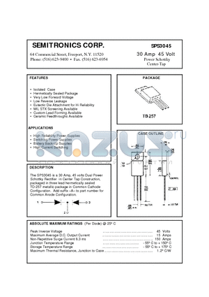 SPS3045 datasheet - 30 Amp 45 Volt Power Schottky Center-Tap
