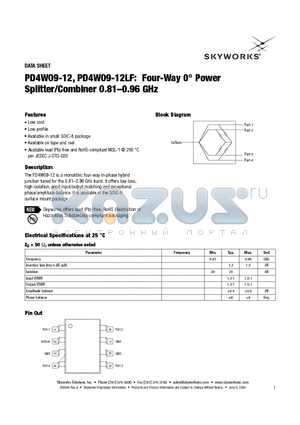 PD4W09-12LF datasheet - Four-Way 0` Power Splitter/Combiner 0.81-0.96 GHz