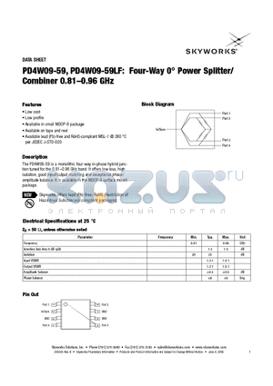 PD4W09-59LF datasheet - Four-Way 0` Power Splitter/Combiner 0.81-0.96 GHz