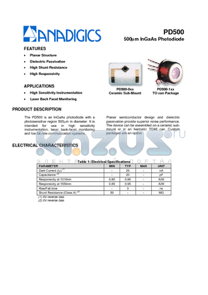 PD500 datasheet - 500lm InGaAs Photodiode