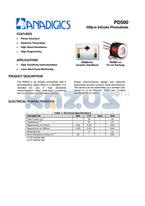 PD500-1XX datasheet - 500lm InGaAs Photodiode