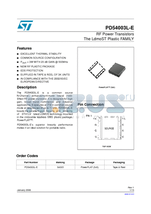 PD54003L-E datasheet - RF Power Transistors The LdmoST Plastic FAMILY