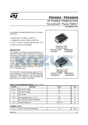 PD54003S datasheet - RF POWER TRANSISTORS The LdmoST Plastic FAMILY