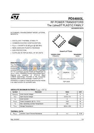 PD54003L datasheet - RF POWER TRANSISTORS The LdmoST PLASTIC FAMILY