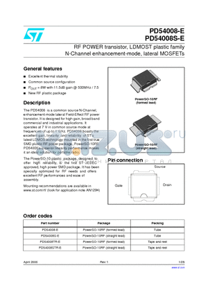 PD54008-E datasheet - RF POWER transistor, LDMOST plastic family N-Channel enhancement-mode, lateral MOSFETs