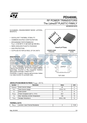 PD54008L datasheet - RF POWER TRANSISTORS The LdmoST PLASTIC FAMILY