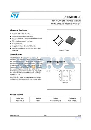 PD55003L-E datasheet - RF POWER TRANSISTOR The LdmoST Plastic FAMILY