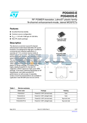 PD54003S-E datasheet - RF POWER transistor, LdmoST plastic family N-channel enhancement-mode, lateral MOSFETs