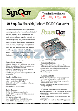 PQ48015HGA40 datasheet - 40 Amp, No Heatsink, Isolated DC/DC Converter