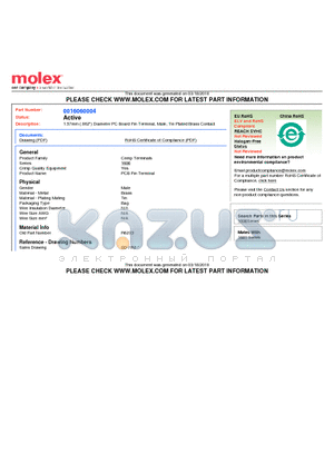 R6203 datasheet - 1.57mm (.062) Diameter PC Board Pin Terminal, Male, Tin Plated Brass Contact