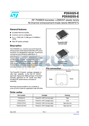 PD55025S-E datasheet - RF POWER transistor, LDMOST plastic family N-Channel enhancement-mode lateral MOSFETs