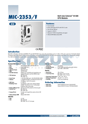 MIC-2353F datasheet - Half-size Celeron^ M 600 CPU Module