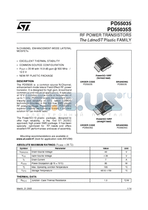 PD55035S datasheet - RF POWER TRANSISTORS The LdmoST Plastic FAMILY