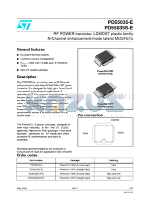 PD55035STR-E datasheet - RF POWER transistor, LDMOST plastic family N-Channel enhancement-mode lateral MOSFETs