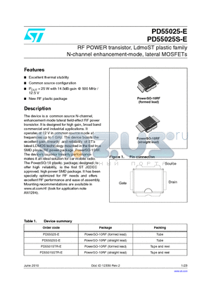 PD55015TR-E datasheet - RF POWER transistor, LdmoST plastic family N-channel enhancement-mode, lateral MOSFETs