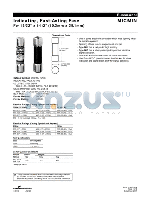 MIC-3 datasheet - Indicating, Fast-Acting Fuse For 13/32 x 1-1/2 (10.3mm x 38.1mm)