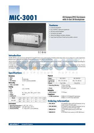 MIC-3001 datasheet - 4U CompactPCI Enclosure with 8 slot 3U Backplane