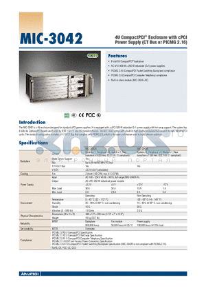 MIC-3042A-AE datasheet - 4U CompactPCI^ Enclosure with cPCI Power Supply (CT Bus or PICMG 2.16)