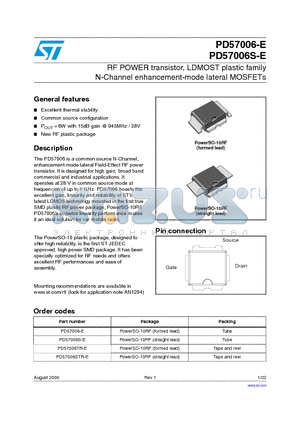 PD57006S-E datasheet - RF POWER transistor, LDMOST plastic family N-Channel enhancement-mode lateral MOSFETs