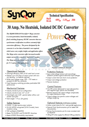 PQ48015HMA30PYS datasheet - 30 Amp, No Heatsink, Isolated DC/DC Converter