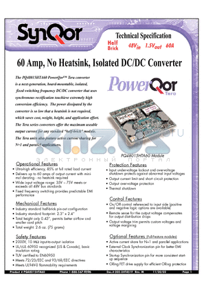 PQ48015HTA60 datasheet - 60 Amp, No Heatsink, Isolated DC/DC Converter