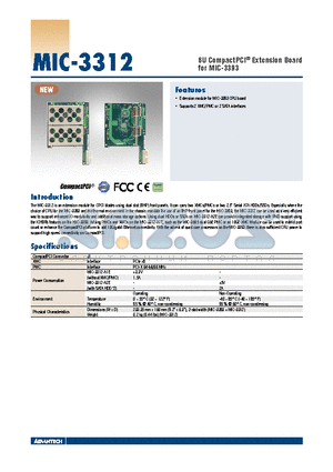 MIC-3312-A1E datasheet - 6U CompactPCI^ Extension Board for MIC-3393