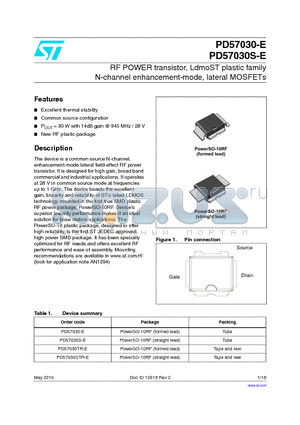 PD57030TR-E datasheet - RF POWER transistor, LdmoST plastic family N-channel enhancement-mode, lateral MOSFETs