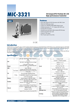 MIC-3321 datasheet - 3U CompactPCI Pentium M 2.0G High performance Controller