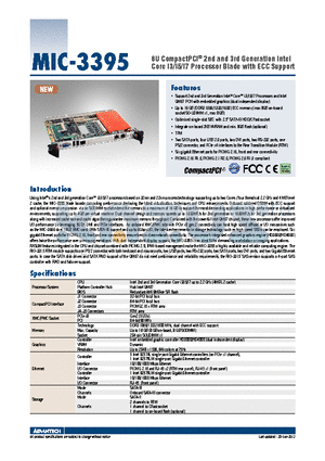 MIC-3395 datasheet - 6U CompactPCI^ 2nd and 3rd Generation Intel Core i3/i5/i7 Processor Blade with ECC Support