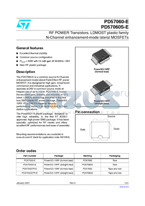 PD57060-E datasheet - RF POWER Transistors, LDMOST plastic family N-Channel enhancement-mode lateral MOSFETs