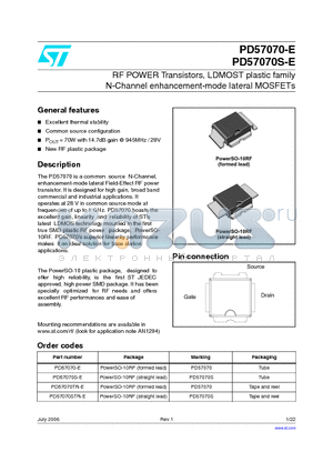 PD57070TR-E datasheet - RF POWER Transistors, LDMOST plastic family N-Channel enhancement-mode lateral MOSFETs