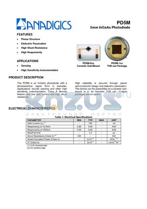 PD5M datasheet - 5mm InGaAs Photodiode
