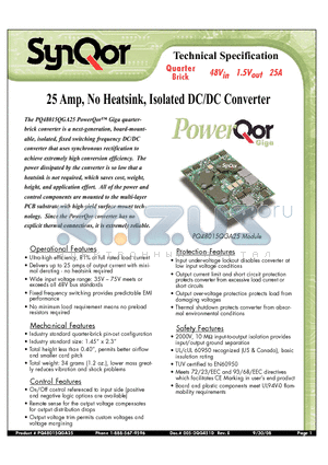 PQ48015QGA25NNS datasheet - 25 Amp, No Heatsink, Isolated DC/DC Converter