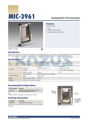 MIC-3961-AE datasheet - 6U CompactPCI^ PCI Carrier Board