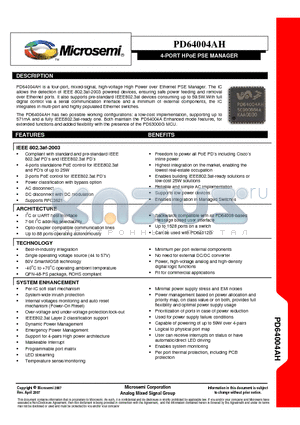 PD64004AH datasheet - 4-PORT HPoE PSE MANAGER