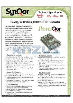 PQ48015QGA25NNS datasheet - 25 Amp, No Heatsink, Isolated DC/DC Converter