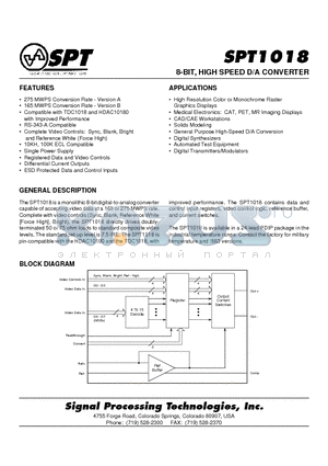 SPT1018 datasheet - 8-BIT, HIGH SPEED D/A CONVERTER