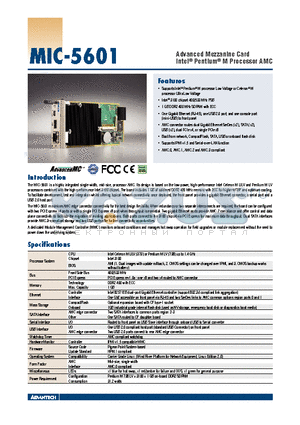 MIC-5601 datasheet - Advanced Mezzanine Card Intel^ Pentium^ M Processor AMC