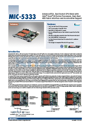 MIC-5333M-P02 datasheet - AdvancedTCA, Dual Socket CPU Blade with Intel^ Xeon^ E5 Series Processors, Dual-Dual 40G Fabric Interface and Acceleration Support