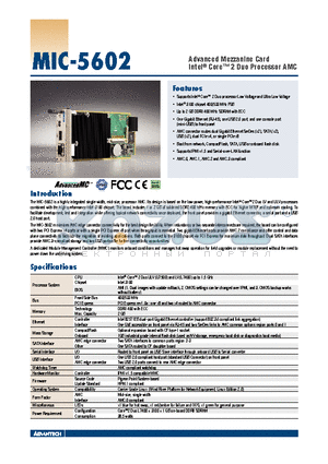 MIC-5602A-M2E datasheet - Advanced Mezzanine Card Intel Core 2 Duo Processor AMC