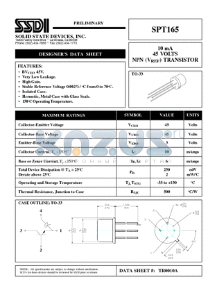 SPT165 datasheet - 10 mA 45 VOLTS NPN (VREF) TRANSISTOR