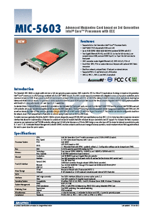 MIC-5603A2FZ-M8E datasheet - Advanced Mezzanine Card based on 3rd Generation Intel^ Core Processors with ECC