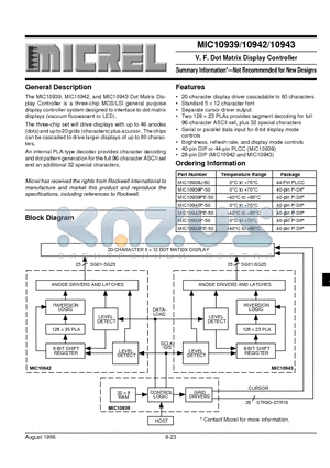 MIC10939PE-50 datasheet - V. F. Dot Matrix Display Controller