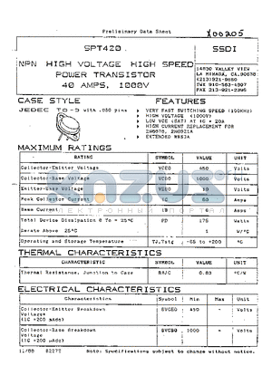 SPT420 datasheet - NPN HIGH VOLTAGE HIGH SPEED POWER TRANSISTOR 40 AMPS, 1000V